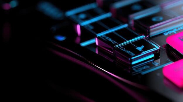 Close up of a backlit keyboard highlighting its illuminated keys and design photo