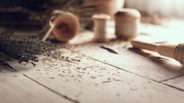 Rustic still life composition wooden surface dried herbs and natural elements photo