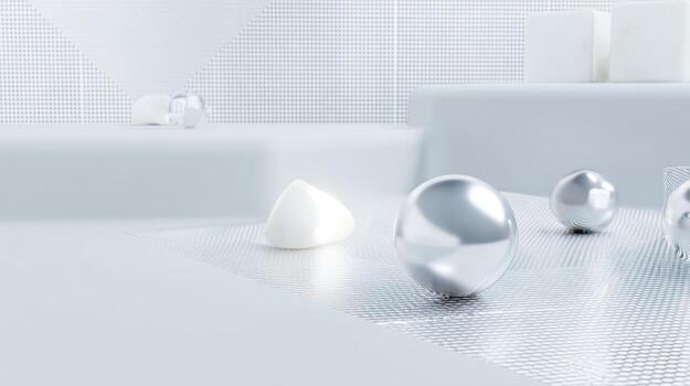 Abstract composition of silver spheres and white geometric shapes photo