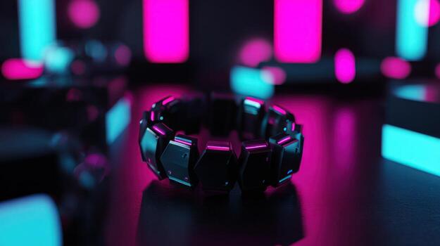 Abstract futuristic ring design with neon lighting on dark background photo