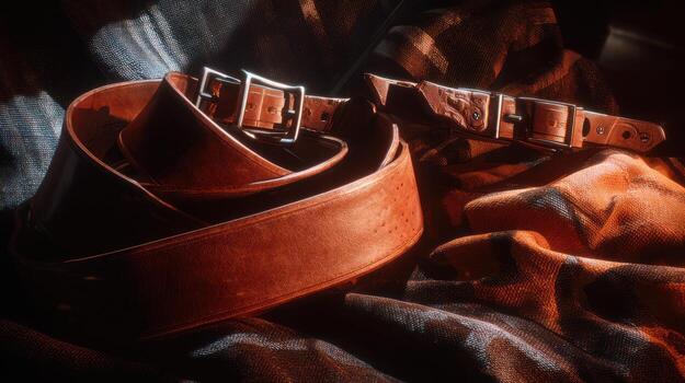 Close up of a leather belt arranged on textured fabric with buckles photo