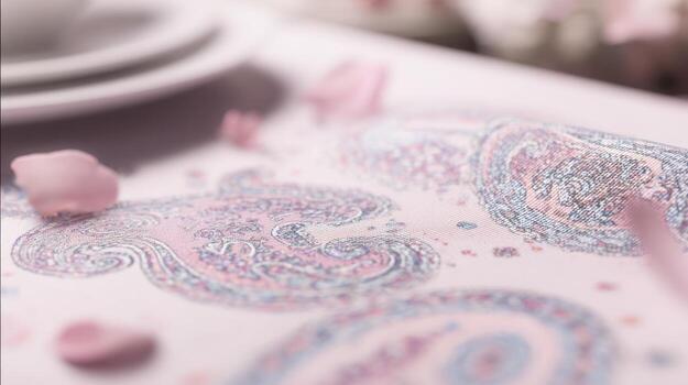 Elegant paisley pattern on a table with scattered petals and shallow depth of field photo