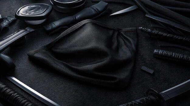 Black objects arranged on a dark surface studio lighting and detailed textures photo