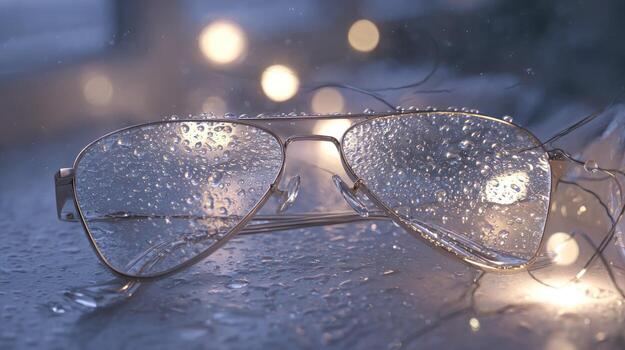 Aviator sunglasses covered in water droplets against a bokeh background photo