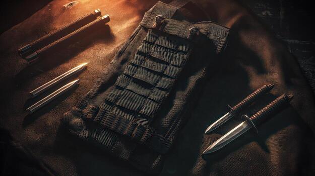 Close up of an assortment of metal knives and sharp objects on wood table photo