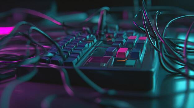 Close up of a keyboard with wires lit in neon colors ideal for technology photo