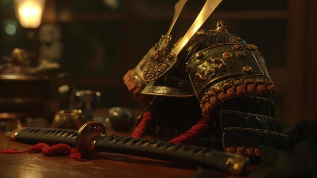 Close up of samurai helmet and swords on wooden surface in low light photo