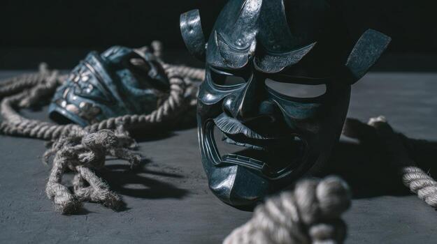 Dramatic japanese oni mask and decorative objects on dark background photo
