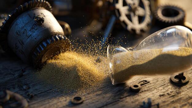 Hourglass spilling sand on wood surface representing time passing and concept photo