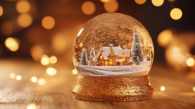 Snow globe with miniature house and trees on wooden surface with bokeh lights photo