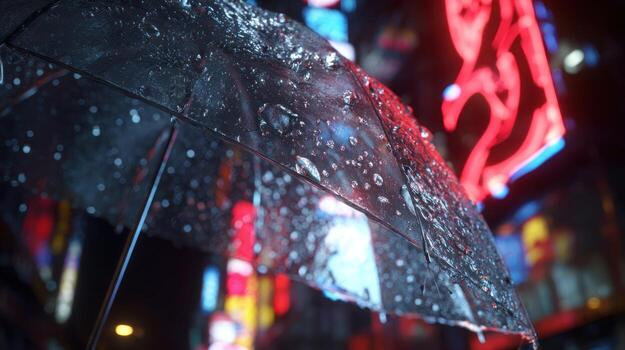 Transparent umbrella in rain with city lights abstract background photo