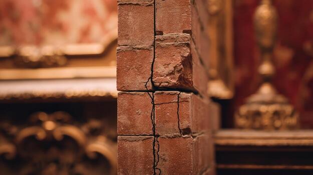 Close up of a red brick wall with cracks and damage indoors photo