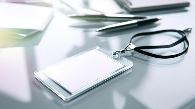 Blank id badge and pen on reflective surface with copy space photo