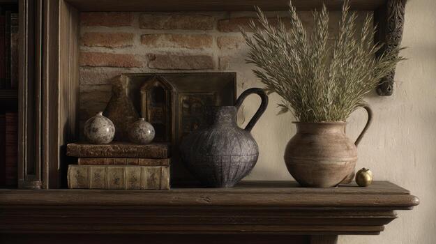 Rustic shelf display with pottery dried grasses books and decorative elements photo