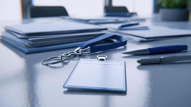 Badge and office supplies on a reflective surface daylight conceptual photo