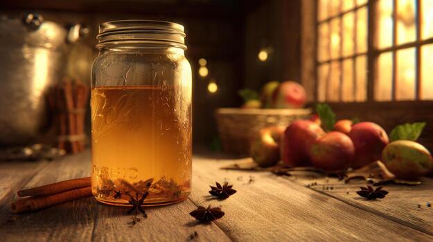 Jar of liquid with fruit and spices on a wooden surface by a window photo