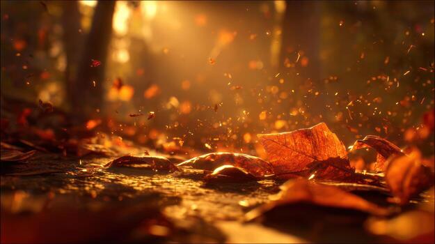 Autumn leaves on ground with sunlight shining through forest trees backdrop photo