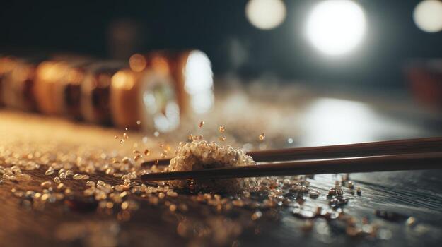 Close up of sushi roll and grains with chopsticks shallow focus dark background photo