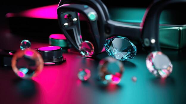 Abstract composition with gemstones dark background and creative lighting effects photo