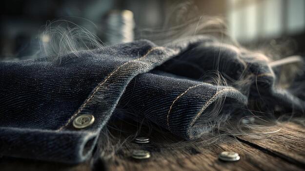Close up of folded fabric with buttons and thread detail on wooden surface photo