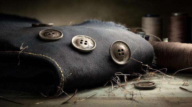 Close up of fabric with buttons and threads suggesting crafting or sewing photo