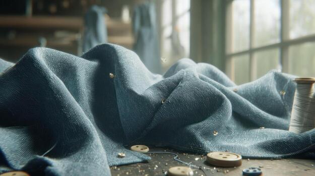 Close up of blue fabric and sewing materials in a soft focus workshop photo