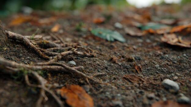 Ground level view of forest floor with fallen leaves and tree roots photo