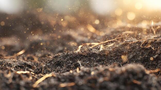 Close up of dark soil with organic matter and sunlight bokeh effect photo