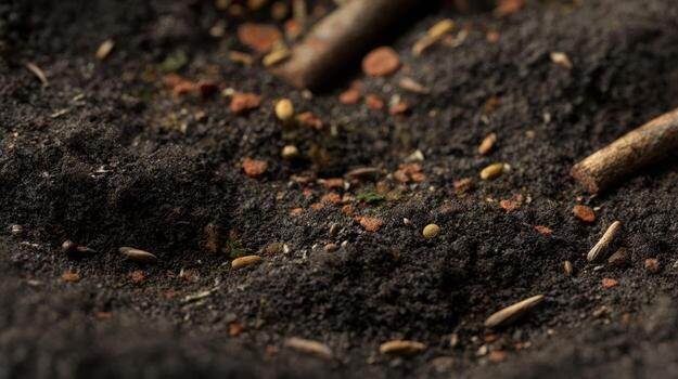 Close up of dark earth with debris and organic elements macro photo