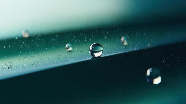 Close up of water droplets on a surface with gradient lighting and reflection photo