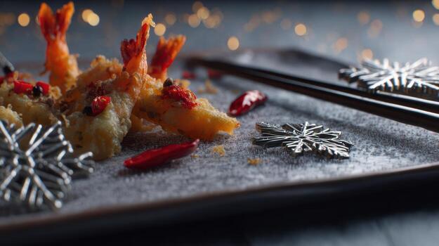 Delicious tempura shrimp with chopsticks and decorative elements on plate photo