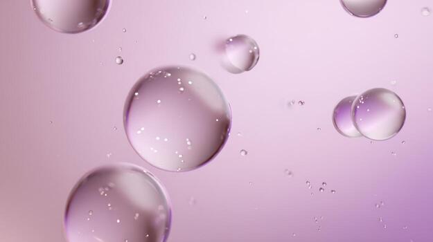Transparent water droplets floating against a pastel pink gradient background photo