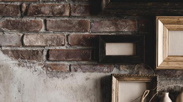 Rustic brick wall with empty frames for artwork and decoration photo