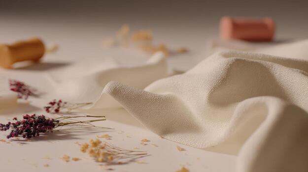 Elegant fabric folds with corks and dried flowers neutral colors backdrop photo