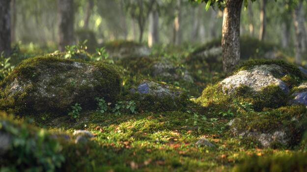 bosque piso escena con musgo cubierto rocas y difundido luz de sol foto