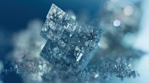Close up of crystalline structure in shades of blue with blurred background photo