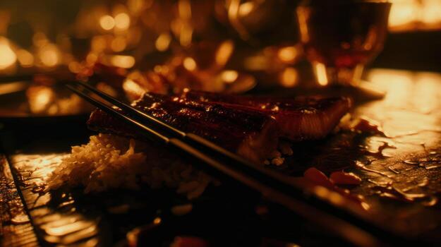 Close up of sushi roll with chopsticks on a wooden table warm lighting photo