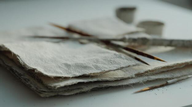 Close up of handmade paper stack with tools for artistic creation photo