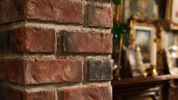 Close up of a weathered brick wall with warm colors and a blurred background photo