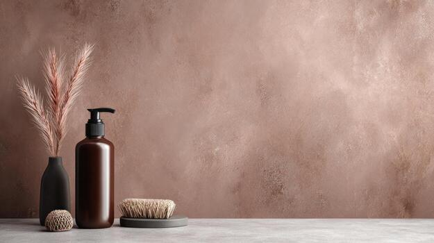 Minimalist skincare product display with brush and decorative elements photo