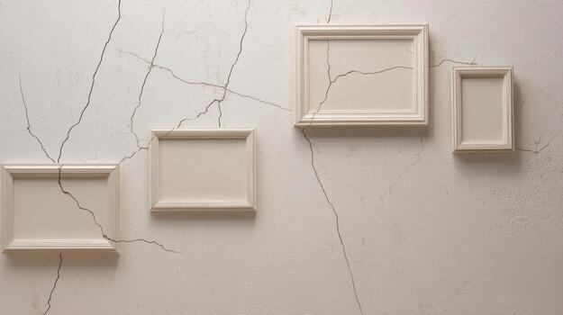 Four empty picture frames mounted on a textured white wall background photo