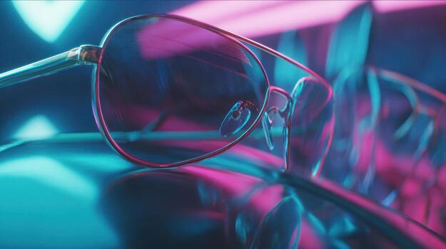 Close up of eyeglasses with reflective surface and neon colored lighting photo