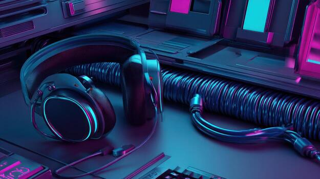Headphones on futuristic desk illuminated with neon lights and technology photo