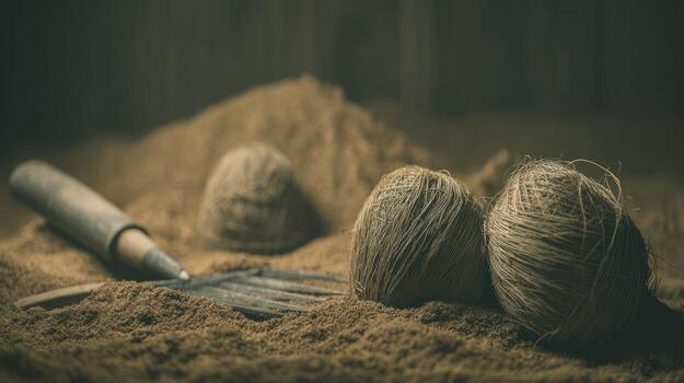 Close up of twine balls with craft tool in a textured composition photo