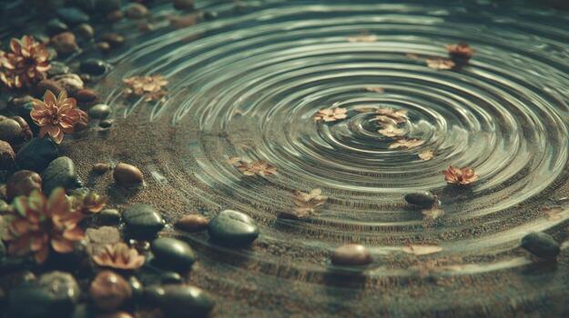 Circular water ripples with pebbles and floating leaves aesthetic nature scene photo