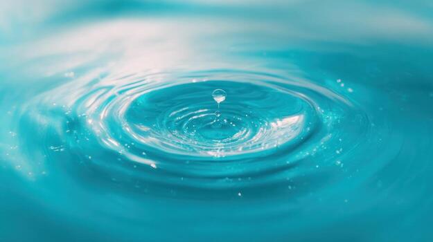 Water droplet creating concentric ripples in clear turquoise liquid photo