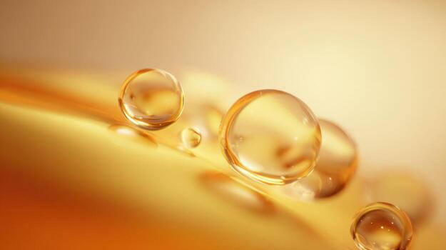 Close up of golden water droplets on a smooth surface with soft lighting photo