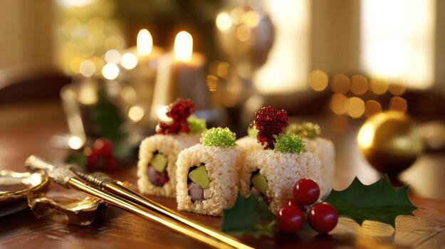 Delicious sushi rolls on a table with candles and decorative elements photo