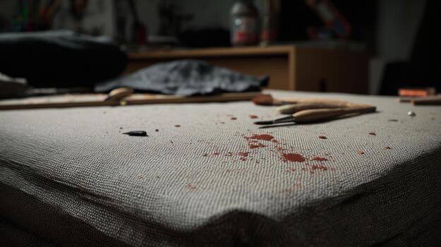 Close up of a blood stained cloth on a table with tools and objects photo