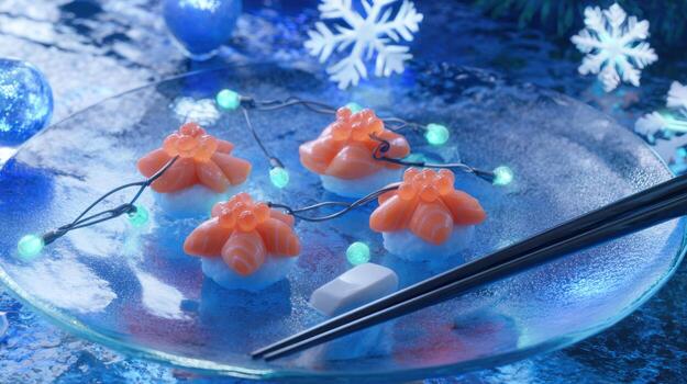 Artistic sushi presentation with decorative elements and elegant composition photo